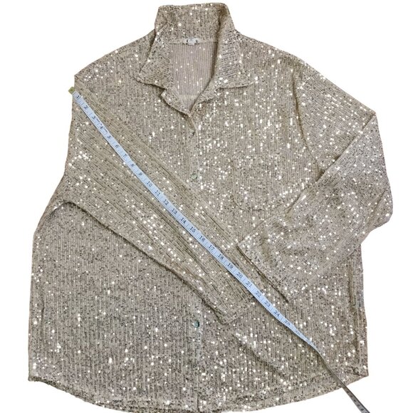 POL Sequin Button Up Blouse L Gold Semi-Sheer Metallic Boho Luxe Long Sleeve Top - Picture 5 of 6